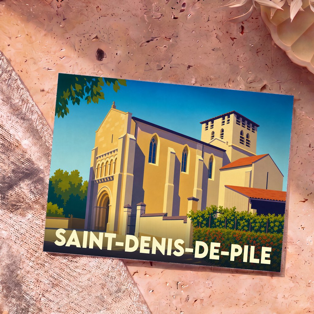 Carte postale souvenir de Saint-Denis-de-Pile avec une illustration stylisée de son église romane sous un ciel bleu.