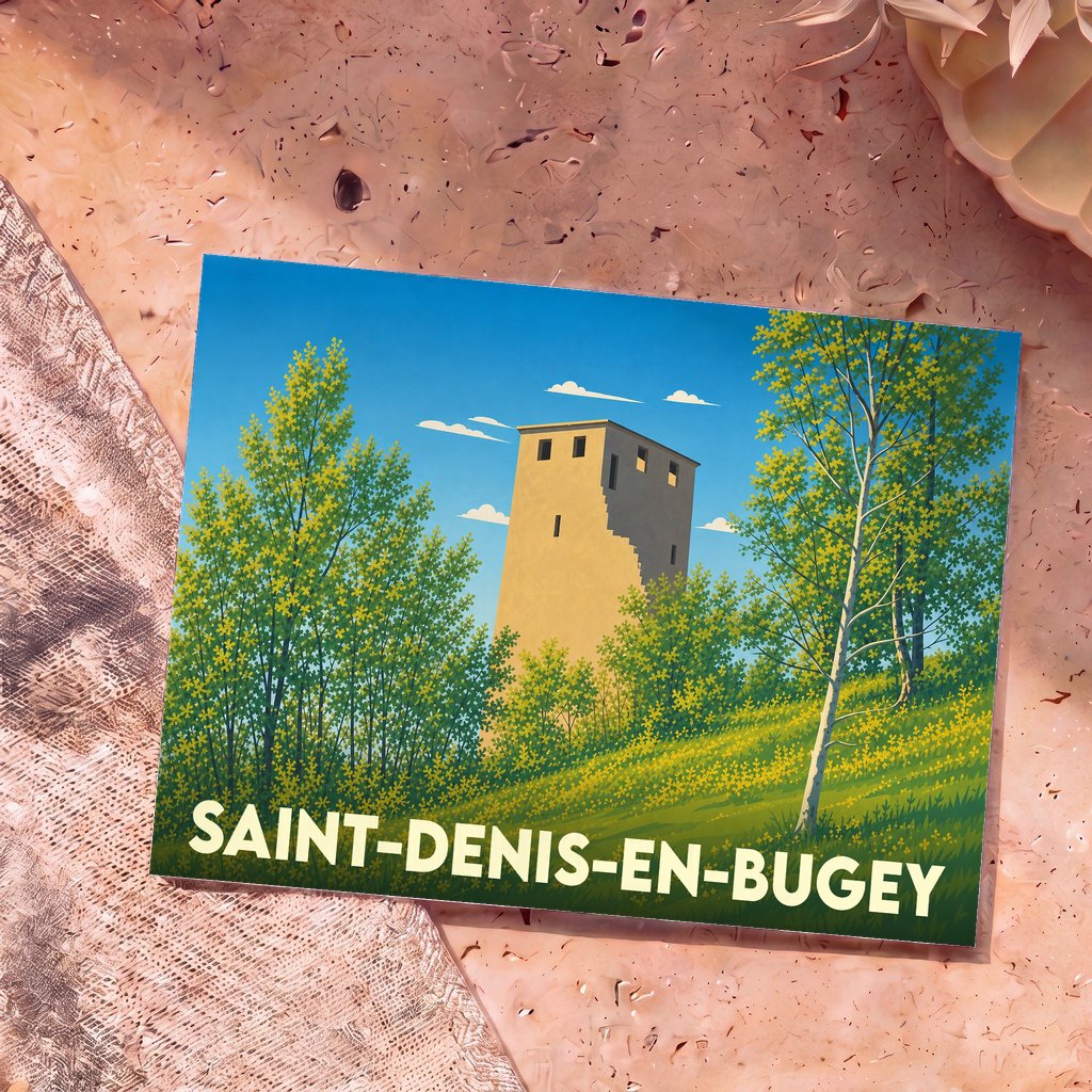 Carte postale souvenir de la ville de Saint-Denis-en-Bugey avec une illustration stylisée de sa tour médiévale.