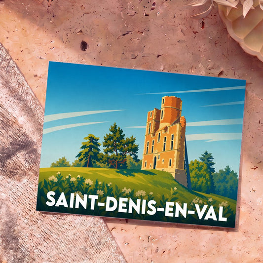 Carte postale souvenir de Saint-Denis-en-Val avec une illustration stylisée du château de l'Isle.