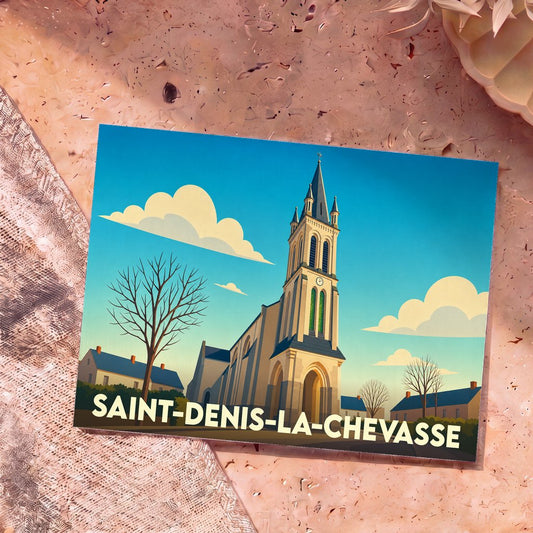 Carte postale souvenir de la ville de Saint-Denis-la-Chevasse avec une illustration stylisée de son église.