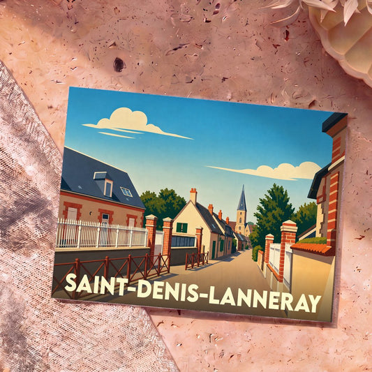 Carte postale souvenir de la commune de Saint-Denis-Lanneray arborant une illustration stylisée de ses rues et de son clocher.