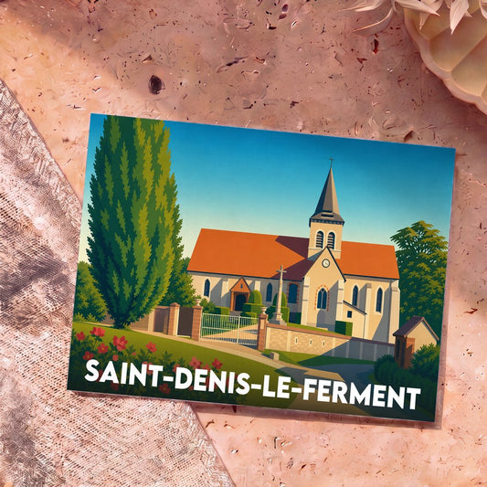 Carte postale souvenir de la ville de Saint-Denis-le-Ferment illustrant son église dans un style graphique épuré.