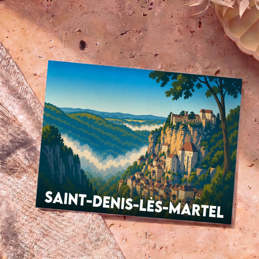Carte postale souvenir de Saint-Denis-lès-Martel illustrant un village médiéval perché sur une falaise dominant une vallée brumeuse.