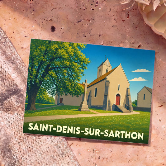 Carte postale souvenir de la ville de Saint-Denis-sur-Sarthon avec une illustration stylisée de son église.