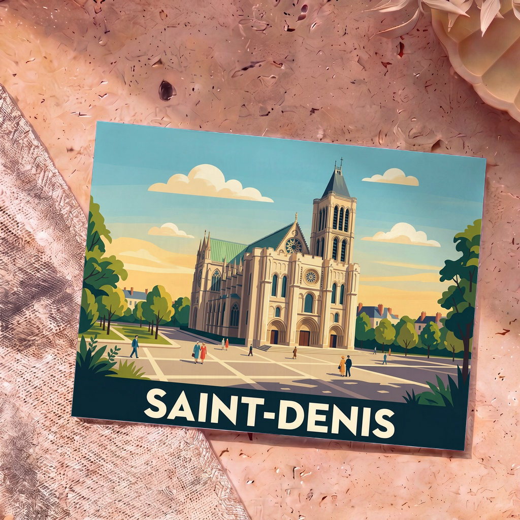 Carte postale souvenir de la ville de Saint-Denis avec une illustration stylisée de sa basilique.