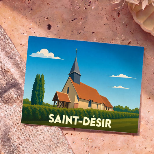 Carte postale souvenir de la ville de Saint-Désir illustrant son église avec un style graphique épuré.