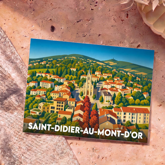 Carte postale souvenir de Saint-Didier-au-Mont-d'Or illustrant le village et son église dans un style graphique et coloré.