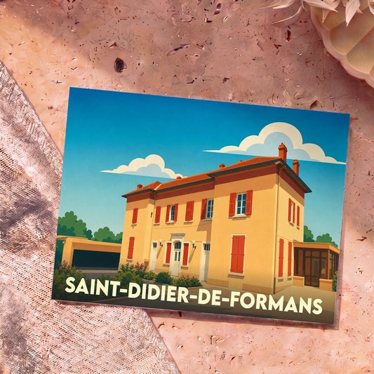 Carte postale souvenir de la ville de Saint-Didier-de-Formans avec une illustration stylisée d'une grande demeure provençale.