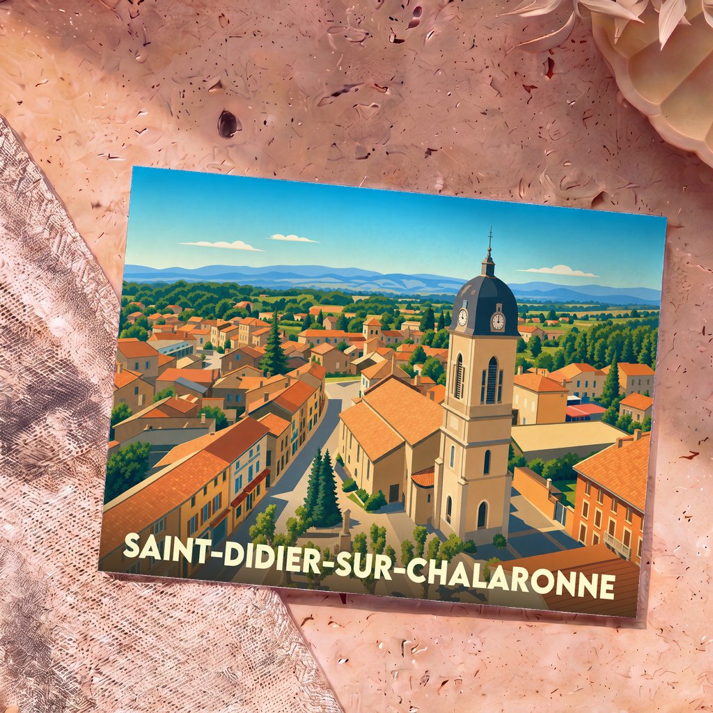 Carte postale souvenir de Saint-Didier-sur-Chalaronne présentant une illustration colorée et stylisée de la ville et de son église.