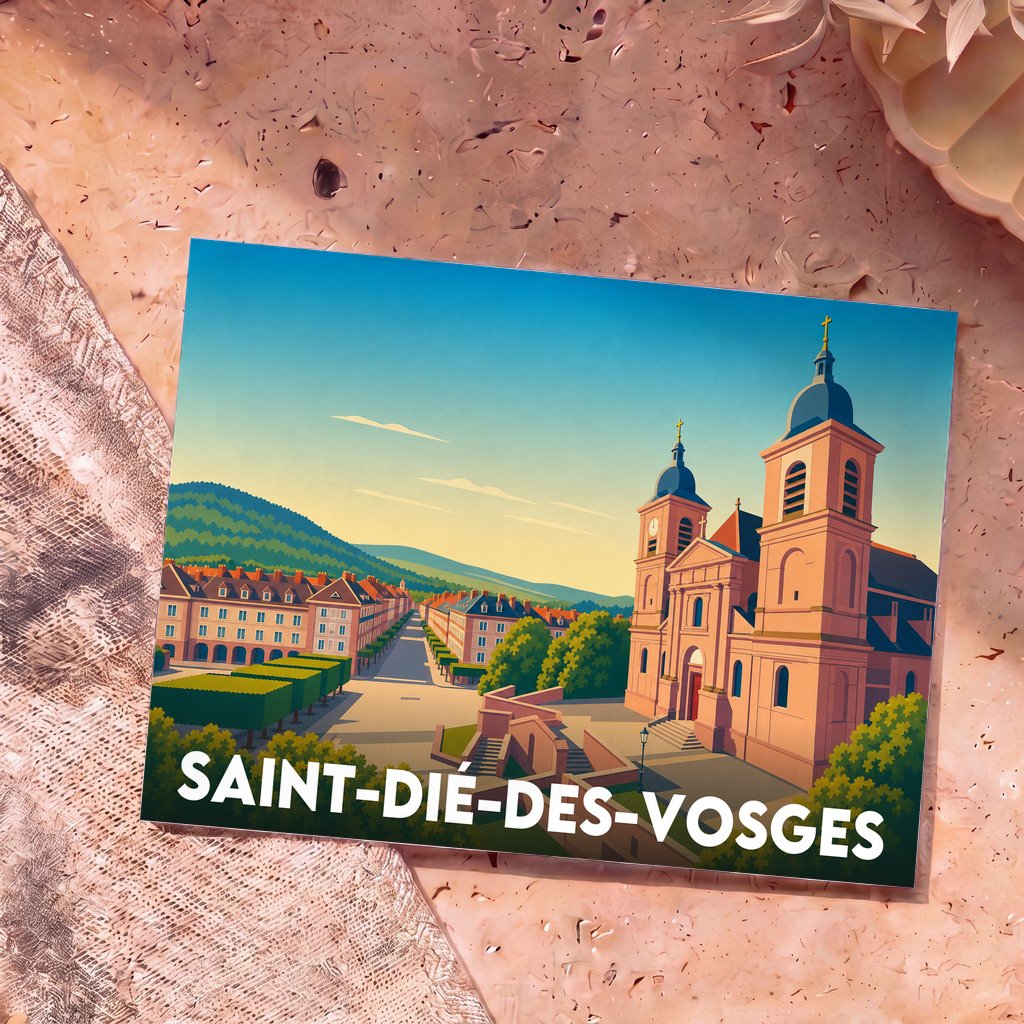 Carte postale souvenir de la ville de Saint-Dié-des-Vosges avec une illustration stylisée de sa cathédrale et de ses rues.