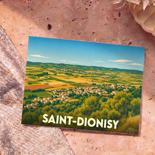 Carte postale souvenir de la ville de Saint-Dionisy avec une illustration stylisée de son paysage rural.