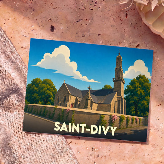 Carte postale souvenir de la ville de Saint-Divy illustrant son église dans un style graphique épuré.