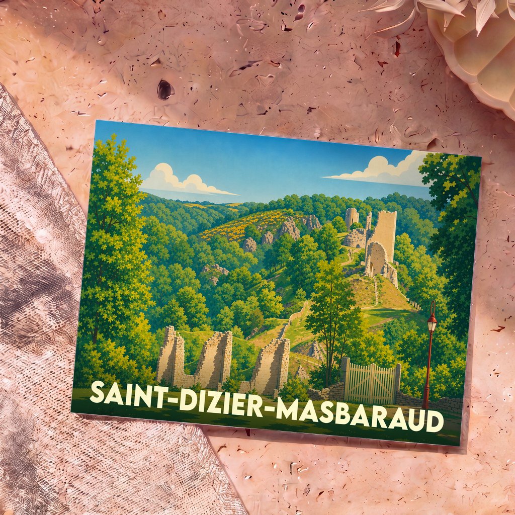 Carte postale souvenir de la ville de Saint-Dizier-Masbaraud illustrant des ruines médiévales dans un paysage verdoyant.