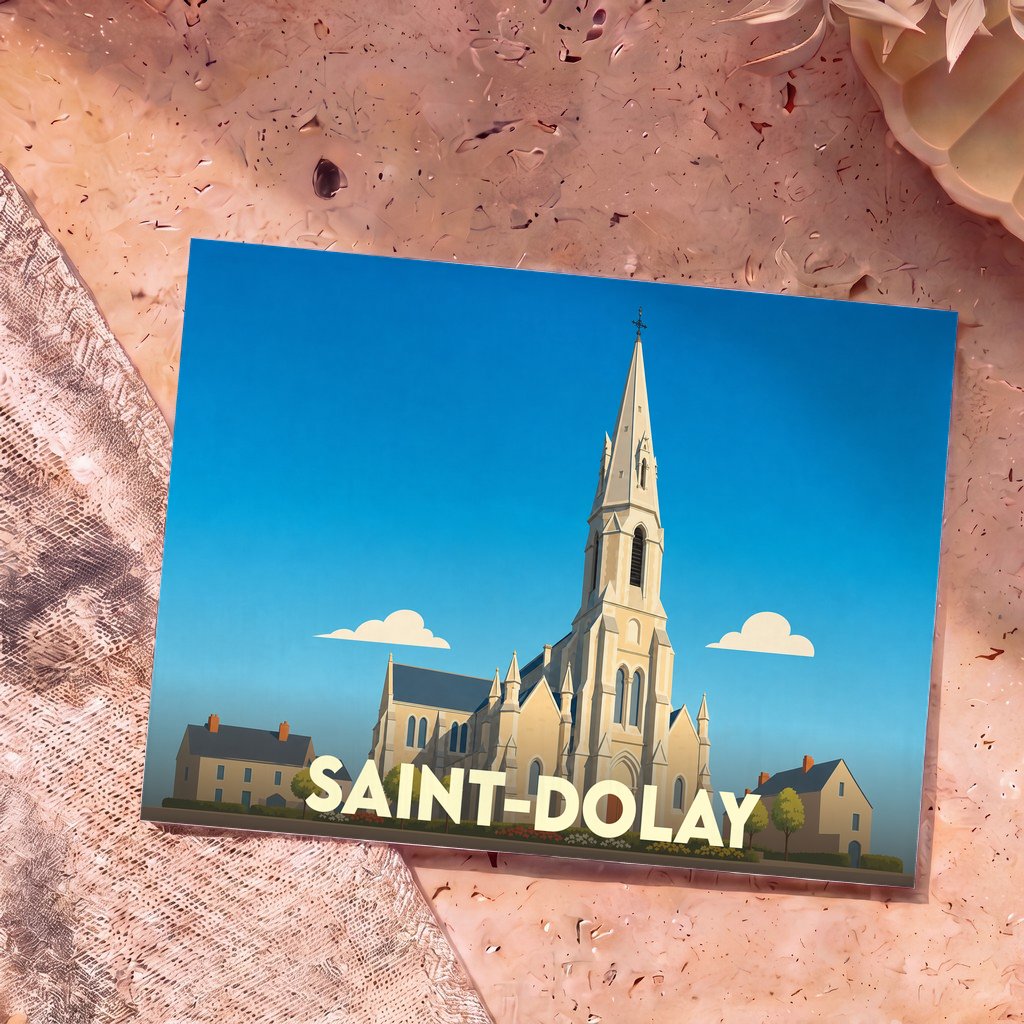 Carte postale souvenir de la ville de Saint-Dolay avec une illustration stylisée de son église sous un ciel bleu.