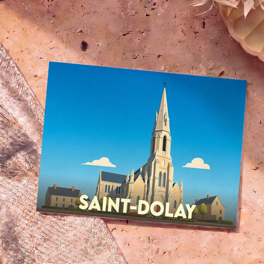 Carte postale souvenir de la ville de Saint-Dolay avec une illustration stylisée de son église sous un ciel bleu.