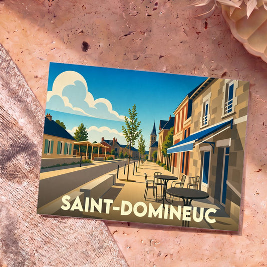 Carte postale souvenir de la ville de Saint-Domineuc avec une illustration stylisée d'une rue ensoleillée.