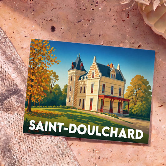 Carte postale souvenir de la ville de Saint-Doulchard avec une illustration stylisée d'un manoir en automne.