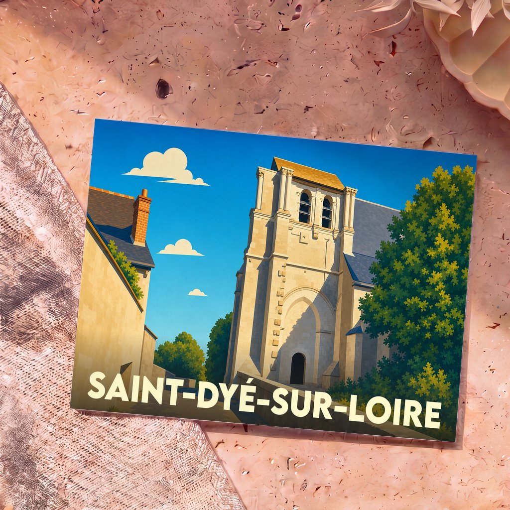 Carte postale souvenir de Saint-Dyé-sur-Loire avec une illustration stylisée de son église sous un ciel bleu.