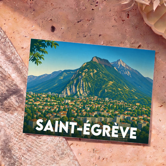 Carte postale souvenir de la ville de Saint-Égrève avec une illustration stylisée des montagnes et de la vallée.