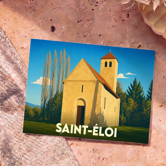 Carte postale souvenir de la ville de Saint-Éloi avec une illustration stylisée de sa chapelle.