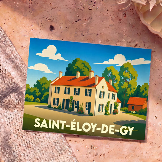 Carte postale souvenir de la ville de Saint-Éloy-de-Gy avec une illustration stylisée d'une maison de campagne.