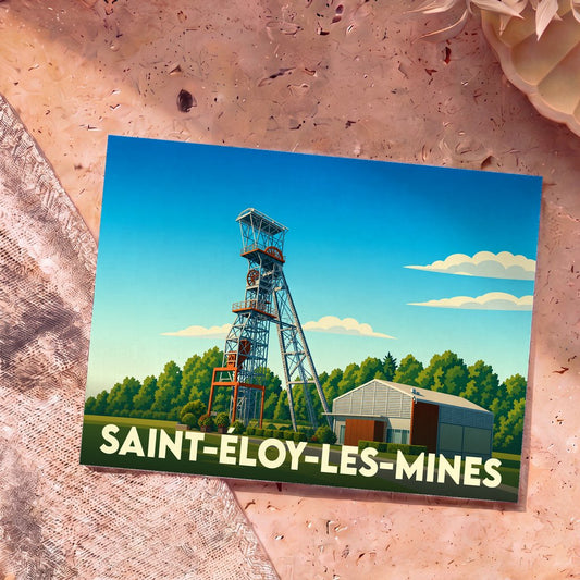 Carte postale souvenir de la ville de Saint-Éloy-les-Mines avec une illustration stylisée d'un chevalement de mine.