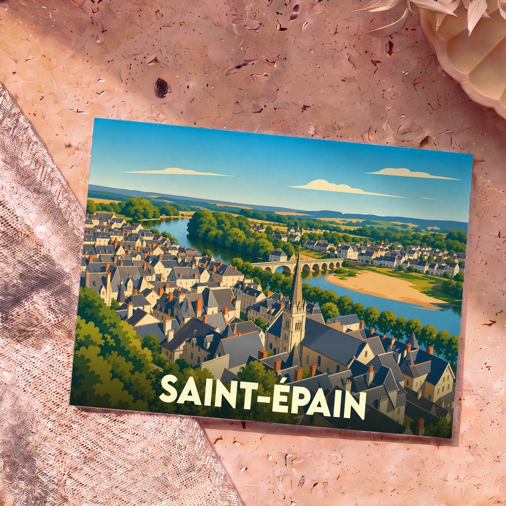 Carte postale souvenir de la ville de Saint-Épain avec une illustration stylisée d'un panorama urbain en bord de rivière.