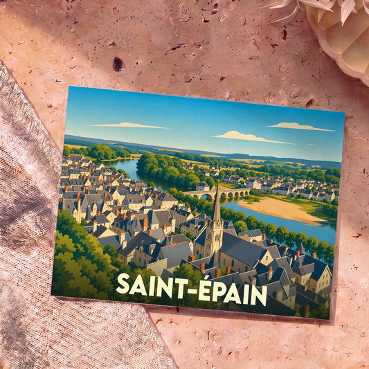 Carte postale souvenir de la ville de Saint-Épain avec une illustration stylisée d'un panorama urbain en bord de rivière.