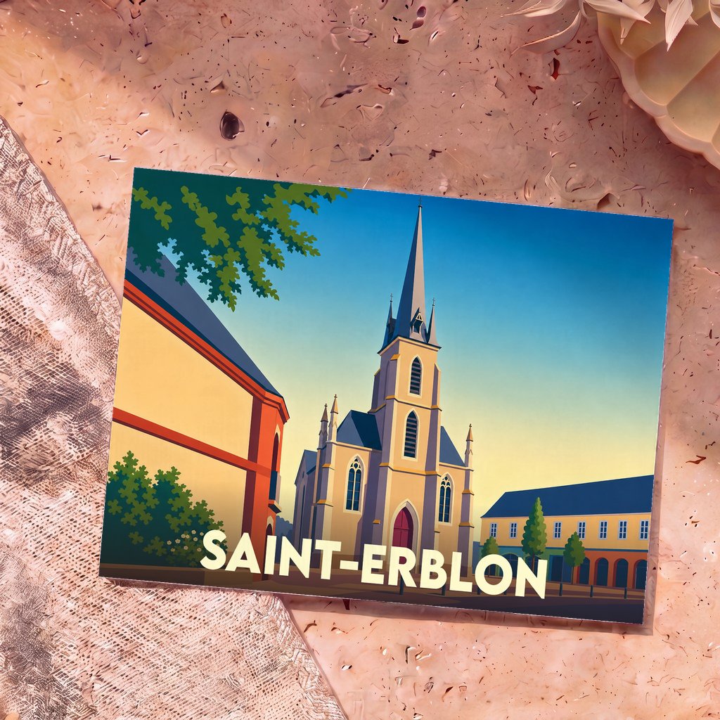 Carte postale souvenir de la ville de Saint-Erblon avec une illustration stylisée de son église et de ses bâtiments.