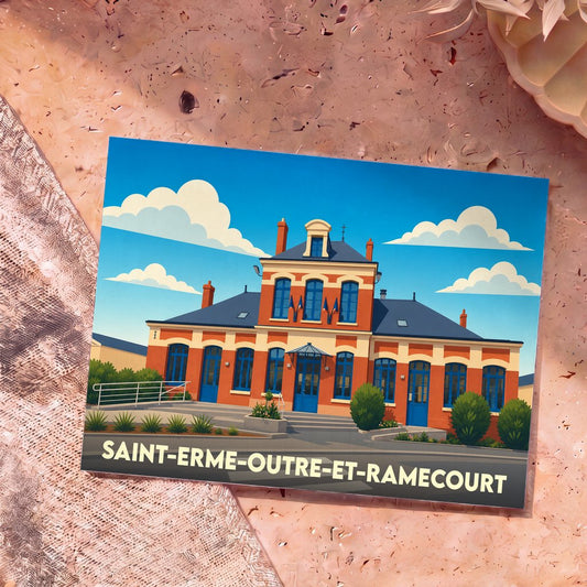 Carte postale souvenir de la ville de Saint-Erme-Outre-et-Ramecourt illustrant la mairie avec un style graphique épuré.