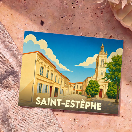 Carte postale souvenir de Saint-Estèphe illustrant une rue ensoleillée et son église dans un style graphique épuré.