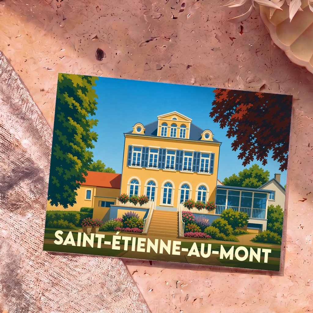 Carte postale souvenir de la ville de Saint-Étienne-au-Mont avec une illustration stylisée d'une grande demeure jaune.