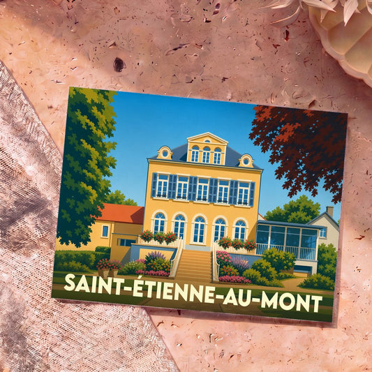 Carte postale souvenir de la ville de Saint-Étienne-au-Mont avec une illustration stylisée d'une grande demeure jaune.