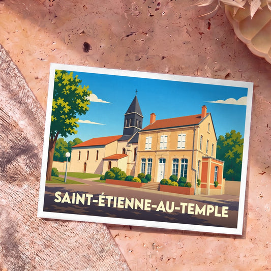 Carte postale souvenir de Saint-Étienne-au-Temple avec une illustration stylisée de son église et d'une maison de maître.