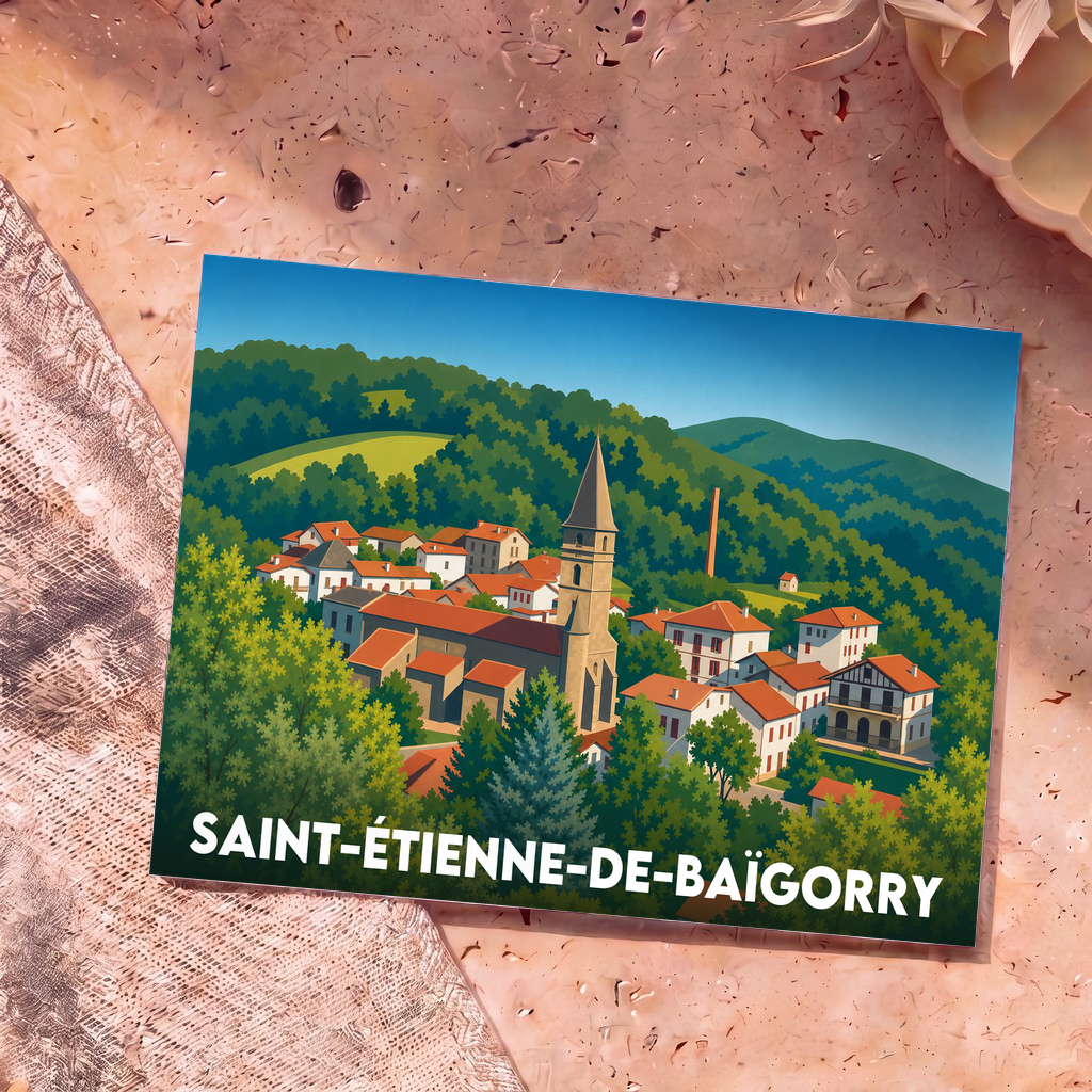 Carte postale souvenir de la ville de Saint-Étienne-de-Baïgorry avec une illustration stylisée.