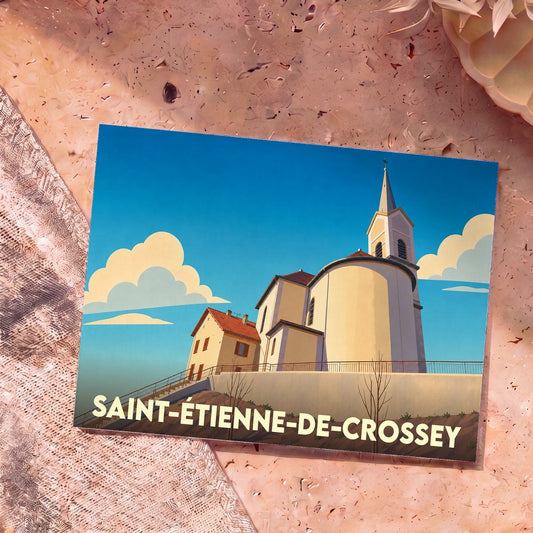 Carte postale souvenir de la ville de Saint-Étienne-de-Crossey avec une illustration stylisée de son église.