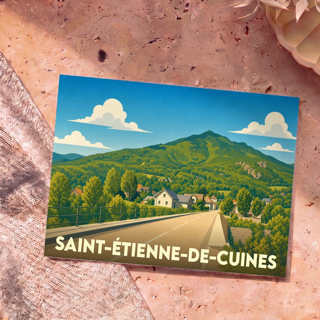 Carte postale souvenir de la ville de Saint-Étienne-de-Cuines avec une illustration stylisée d'un paysage de montagne.