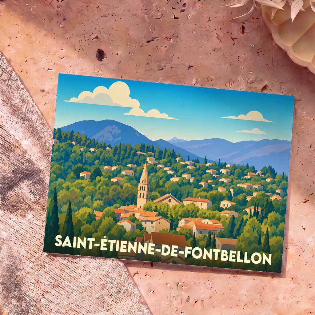 Carte postale souvenir de Saint-Étienne-de-Fontbellon avec une illustration stylisée du village niché dans la verdure.