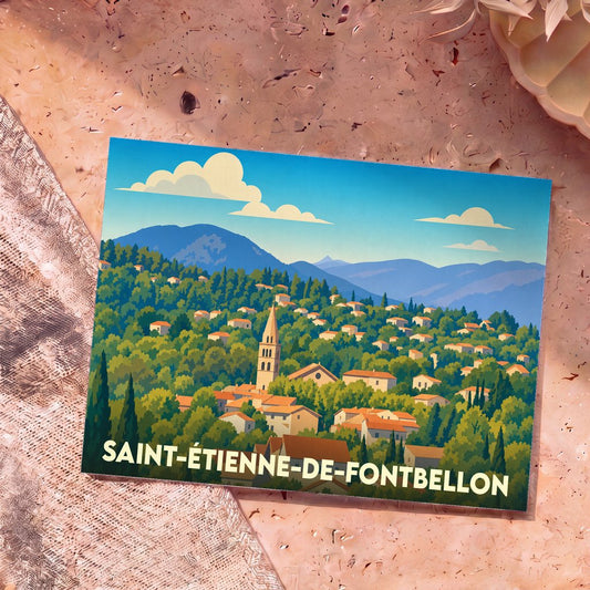 Carte postale souvenir de Saint-Étienne-de-Fontbellon avec une illustration stylisée du village niché dans la verdure.