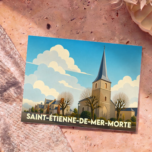 Carte postale souvenir de la ville de Saint-Étienne-de-Mer-Morte avec une illustration stylisée d'une église sous un ciel nuageux.