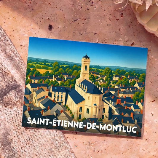 Carte postale souvenir de Saint-Étienne-de-Montluc avec une illustration stylisée du village et de son église.