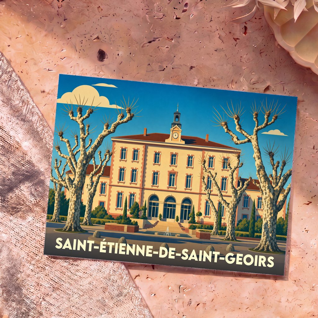 Carte postale souvenir de la ville de Saint-Étienne-de-Saint-Geoirs illustrant l'hôtel de ville derrière des platanes stylisés.