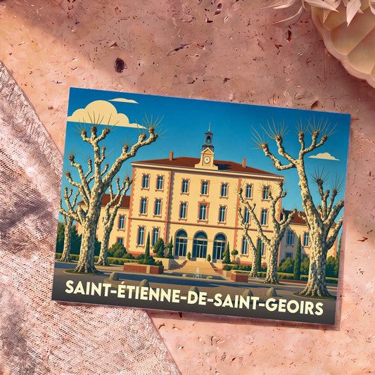 Carte postale souvenir de la ville de Saint-Étienne-de-Saint-Geoirs illustrant l'hôtel de ville derrière des platanes stylisés.