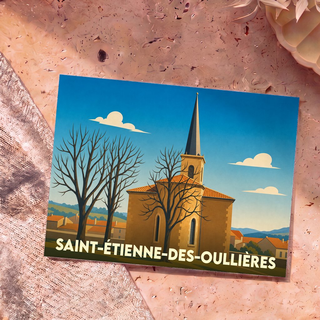 Carte postale souvenir de la ville de Saint-Étienne-des-Oullières avec une illustration stylisée de son église.