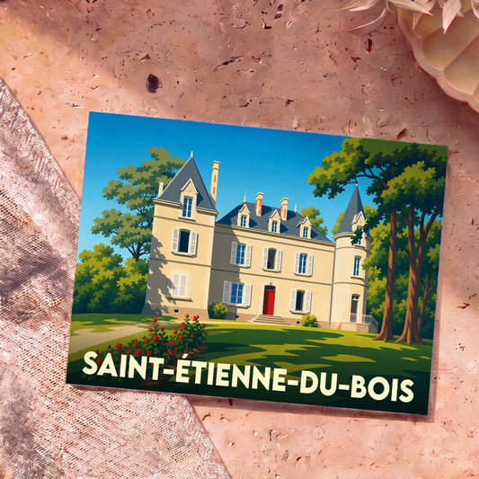 Carte postale souvenir de la ville de Saint-Étienne-du-Bois avec une illustration stylisée d'un château.