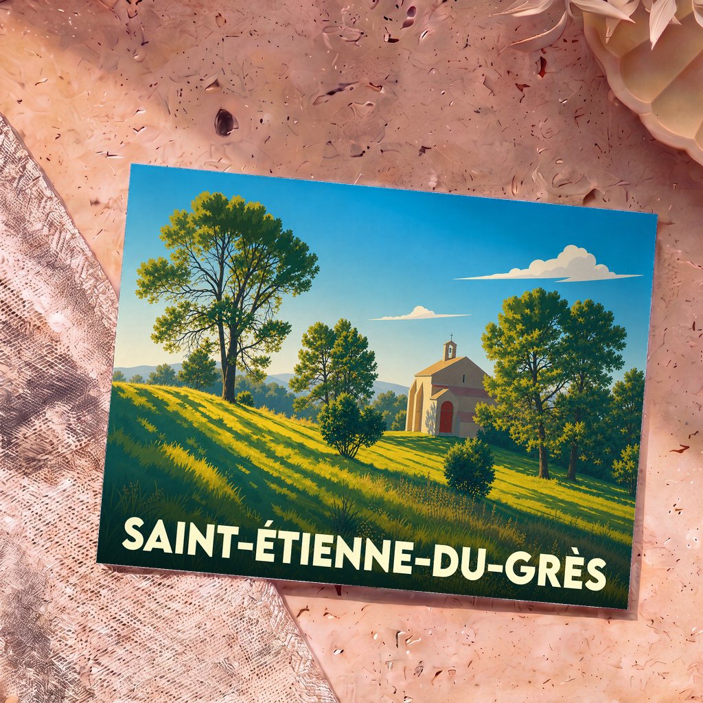 Carte postale souvenir de la ville de Saint-Étienne-du-Grès avec une illustration stylisée d'un paysage provençal ensoleillé.