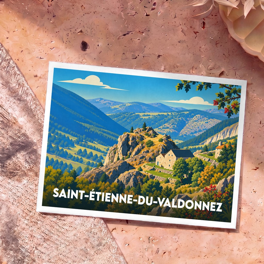 Carte postale souvenir de la ville de Saint-Étienne-du-Valdonnez illustrant un paysage de montagnes et de vallées verdoyantes.
