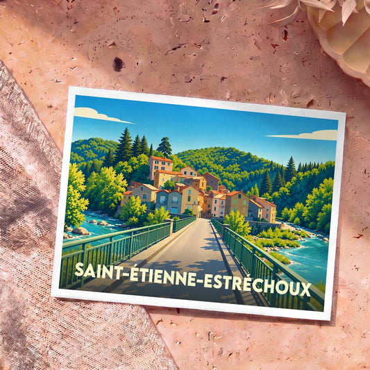 Carte postale souvenir de la ville de Saint-Étienne-Estréchoux avec une illustration colorée représentant un pont au-dessus d'une rivière.