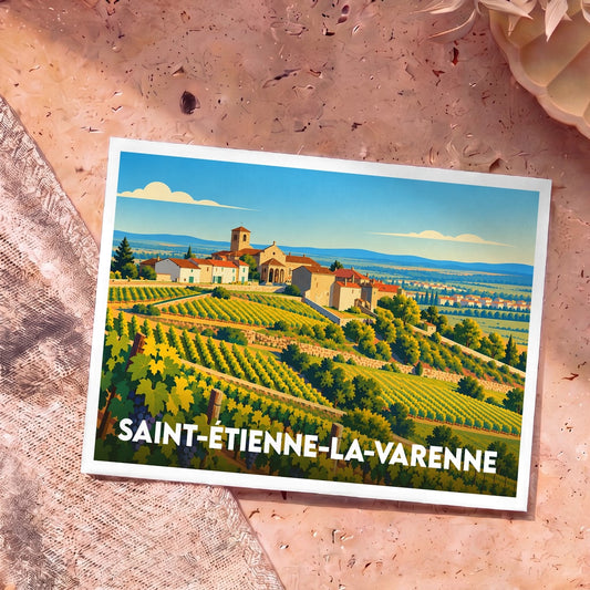 Carte postale souvenir de la ville de Saint-Étienne-la-Varenne avec une illustration stylisée de ses vignobles.