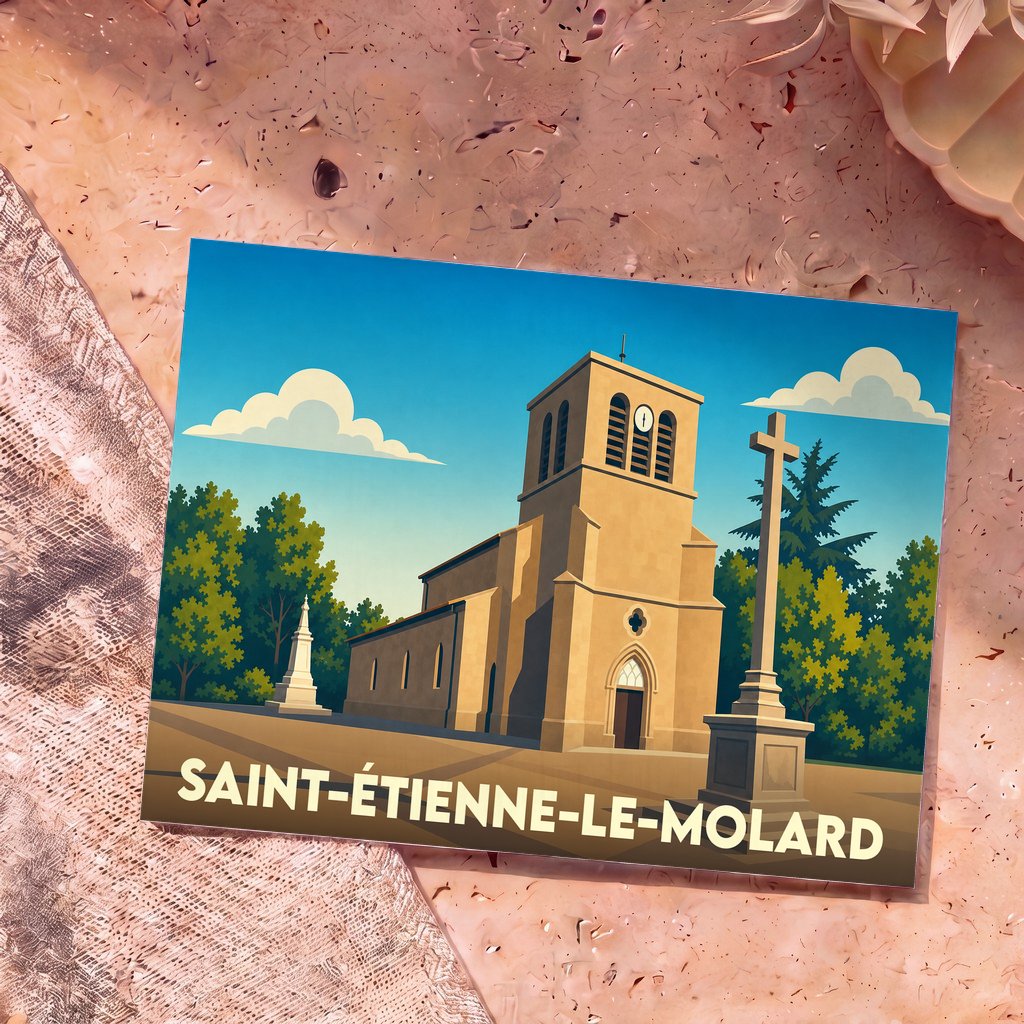 Carte postale souvenir de la commune de Saint-Étienne-le-Molard avec une illustration stylisée de son église.